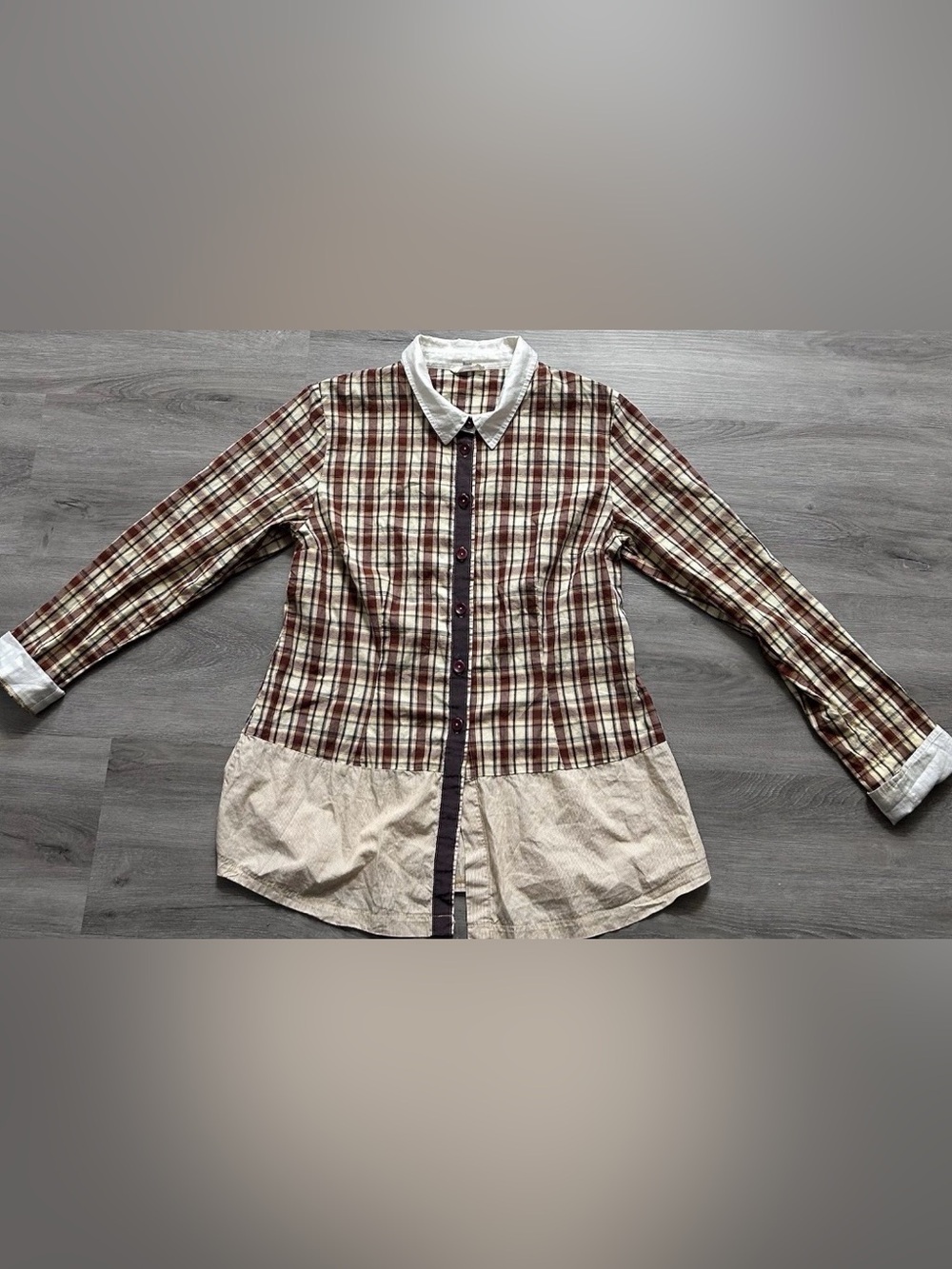 Neesh by D.A.R. Plaid Button Down Shirt M Made in USA Cotton Mixed Media Tunic
